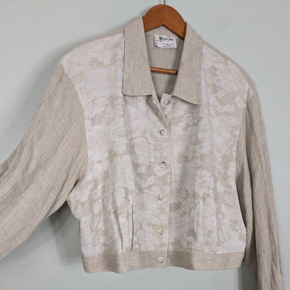 Vintage Cropped Jacket Top Brown M 90s Neutral Tan Natural Cream Floral Boho - Picture 7 of 12